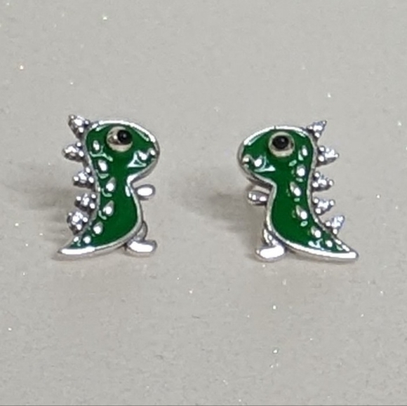 Tyrannosaurus T-Rex Green Stud Earrings 925 Sterling Silver - Picture 3 of 6